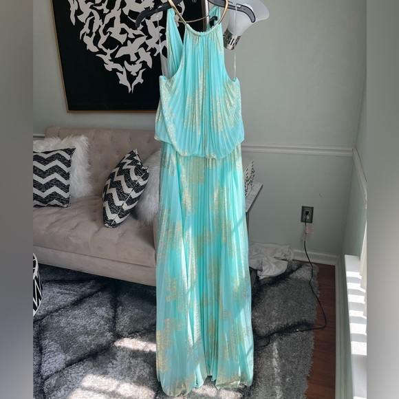 MSK Women's Gold Chain Halter Neck Maxi Woven Pleated Dress - Picture 9 of 15